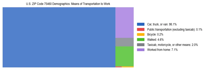 Treemap showing means of transportation to work distribution in US ZIP Code 75460.