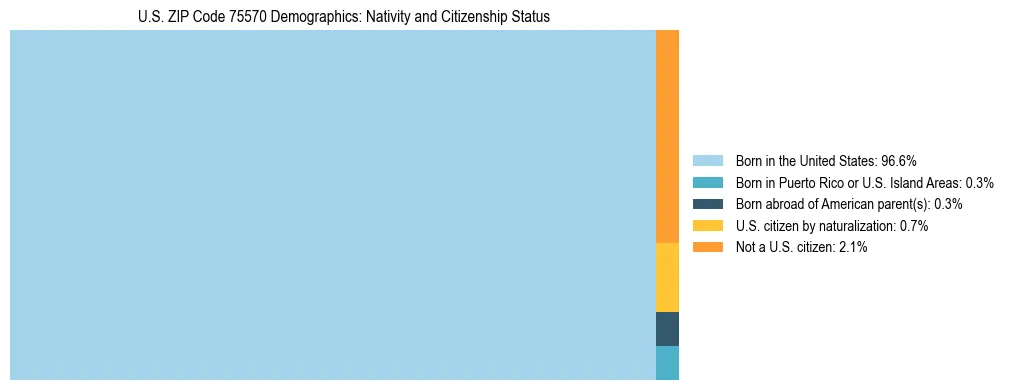 Treemap showing the population distribution by nativity and citizenship status in US ZIP Code 75570 based on U.S. Census data.