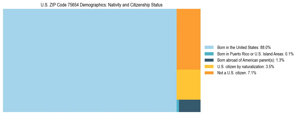 Treemap showing the population distribution by nativity and citizenship status in US ZIP Code 75654 based on U.S. Census data.