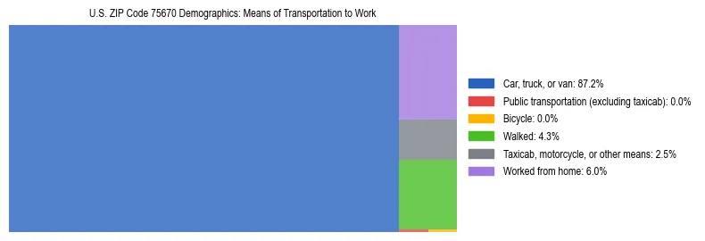 Treemap showing means of transportation to work distribution in US ZIP Code 75670.