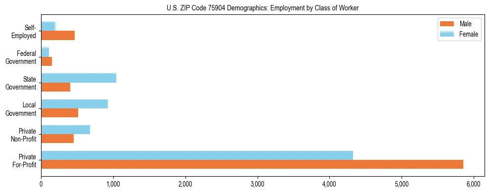 Horizontal bar chart showing employment distribution by class of worker and gender in US ZIP Code 75904, based on 2023 ACS data.
