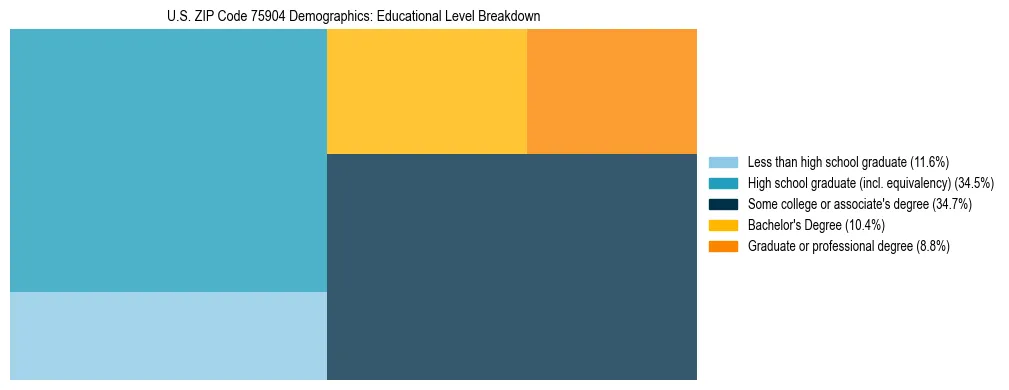 Treemap chart illustrating the educational attainment breakdown for population 25 years and over in US ZIP Code 75904.