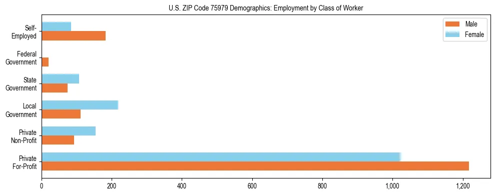 Horizontal bar chart showing employment distribution by class of worker and gender in US ZIP Code 75979, based on 2023 ACS data.