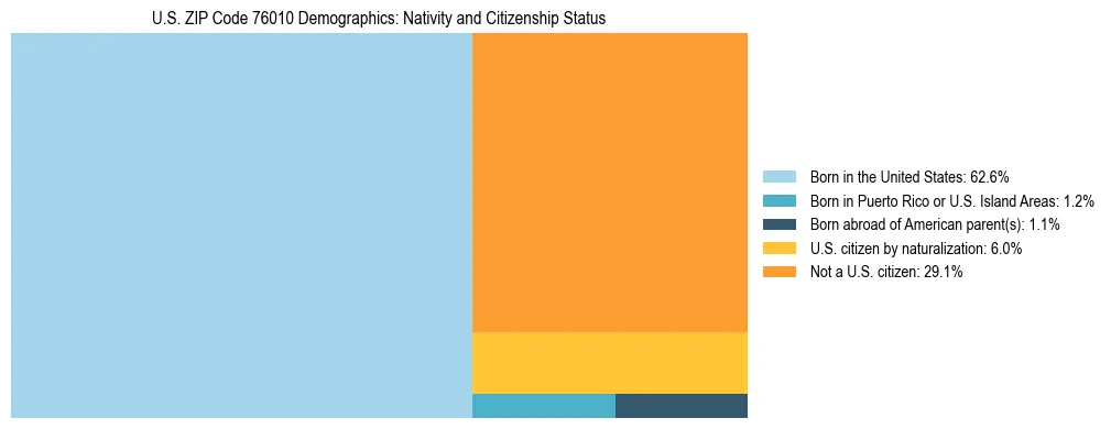 Treemap showing the population distribution by nativity and citizenship status in US ZIP Code 76010 based on U.S. Census data.