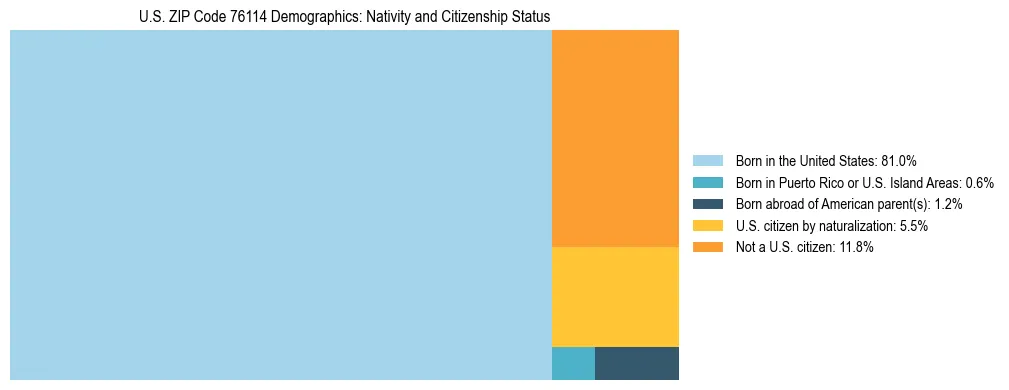 Treemap showing the population distribution by nativity and citizenship status in US ZIP Code 76114 based on U.S. Census data.