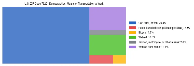 Treemap showing means of transportation to work distribution in US ZIP Code 76201.