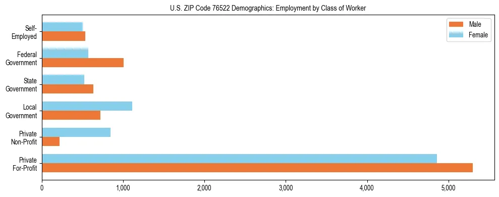 Horizontal bar chart showing employment distribution by class of worker and gender in US ZIP Code 76522, based on 2023 ACS data.