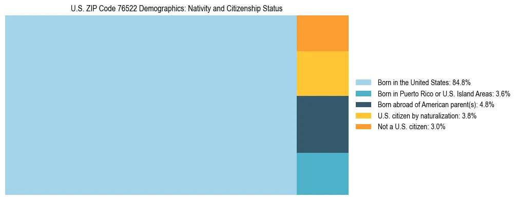 Treemap showing the population distribution by nativity and citizenship status in US ZIP Code 76522 based on U.S. Census data.