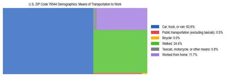 Treemap showing means of transportation to work distribution in US ZIP Code 76544.