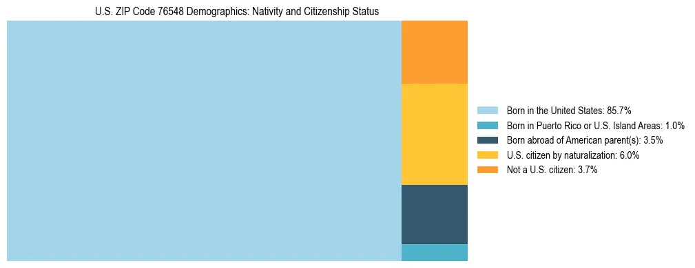 Treemap showing the population distribution by nativity and citizenship status in US ZIP Code 76548 based on U.S. Census data.