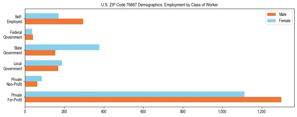 Horizontal bar chart showing employment distribution by class of worker and gender in US ZIP Code 76667, based on 2023 ACS data.