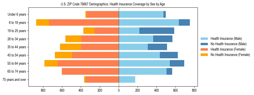 Pyramid chart showing health insurance coverage by age and sex in US ZIP Code 76667.