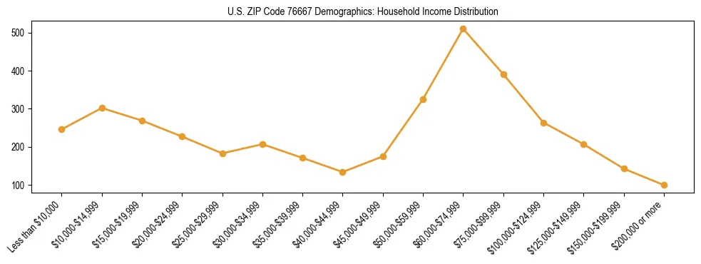 Horizontal bar chart showing household income distribution in US ZIP Code 76667.