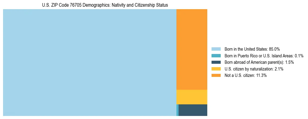 Treemap showing the population distribution by nativity and citizenship status in US ZIP Code 76705 based on U.S. Census data.
