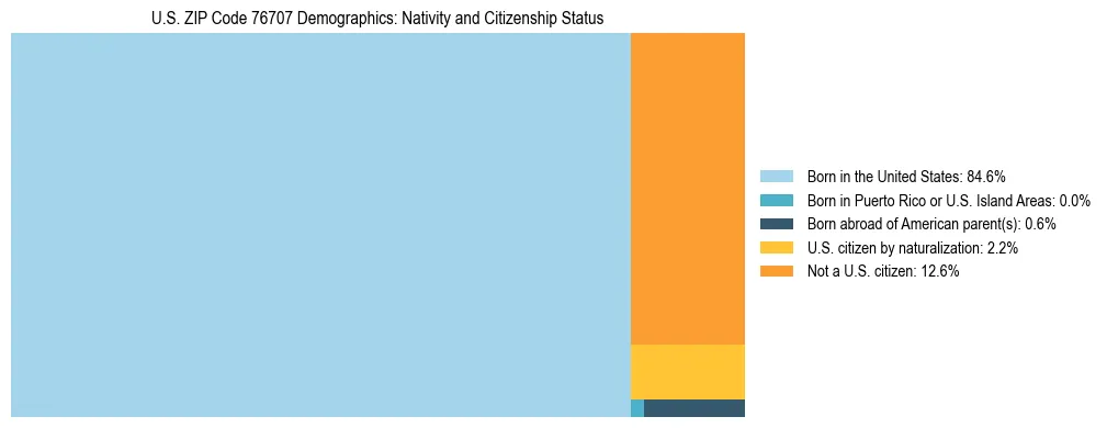 Treemap showing the population distribution by nativity and citizenship status in US ZIP Code 76707 based on U.S. Census data.