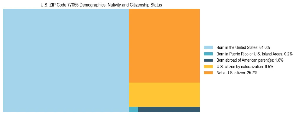 Treemap showing the population distribution by nativity and citizenship status in US ZIP Code 77055 based on U.S. Census data.