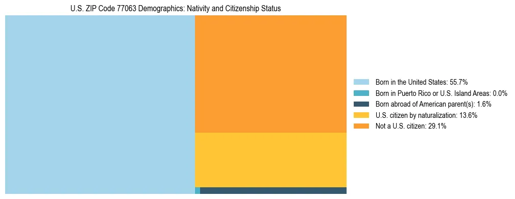 Treemap showing the population distribution by nativity and citizenship status in US ZIP Code 77063 based on U.S. Census data.
