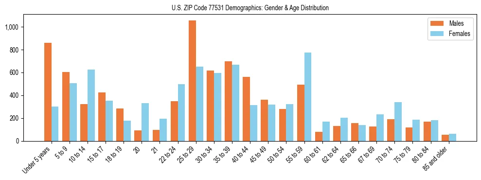 Bar chart showing the population distribution of US ZIP Code 77531 by age group and gender, based on 2023 ACS data.