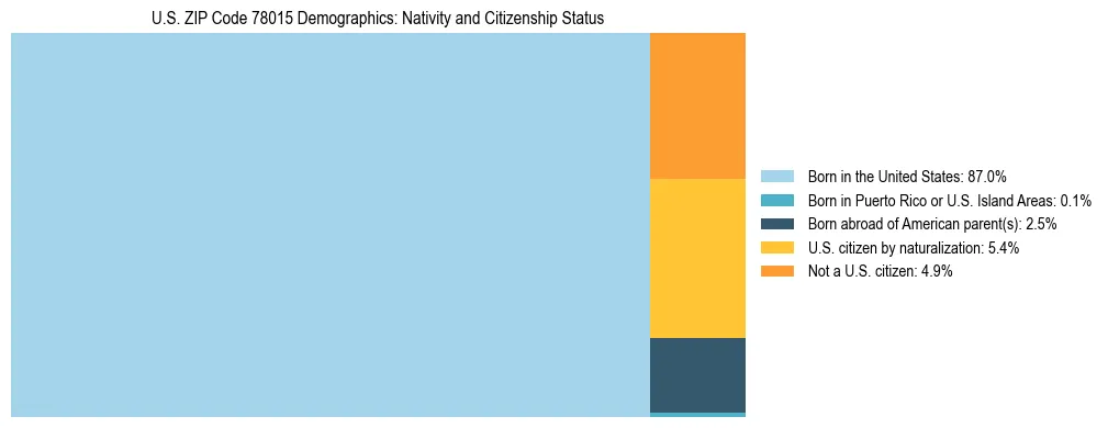 Treemap showing the population distribution by nativity and citizenship status in US ZIP Code 78015 based on U.S. Census data.