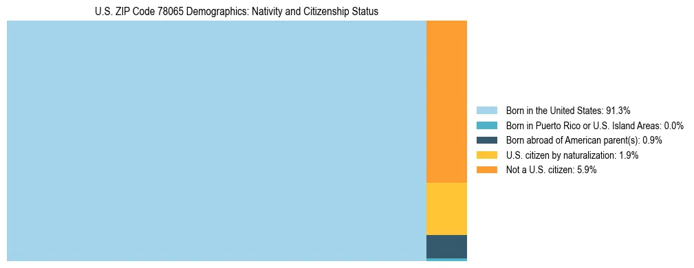 Treemap showing the population distribution by nativity and citizenship status in US ZIP Code 78065 based on U.S. Census data.