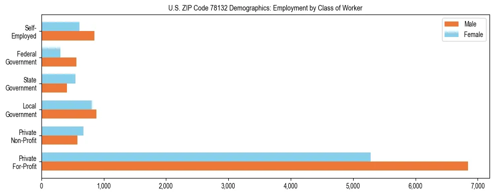 Horizontal bar chart showing employment distribution by class of worker and gender in US ZIP Code 78132, based on 2023 ACS data.