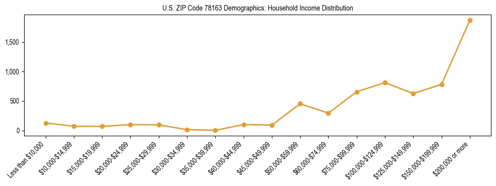 Horizontal bar chart showing household income distribution in US ZIP Code 78163.