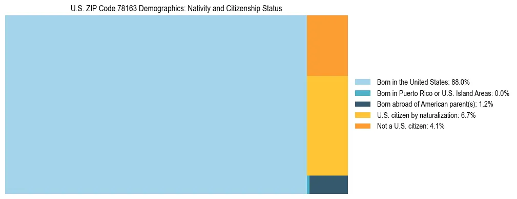 Treemap showing the population distribution by nativity and citizenship status in US ZIP Code 78163 based on U.S. Census data.