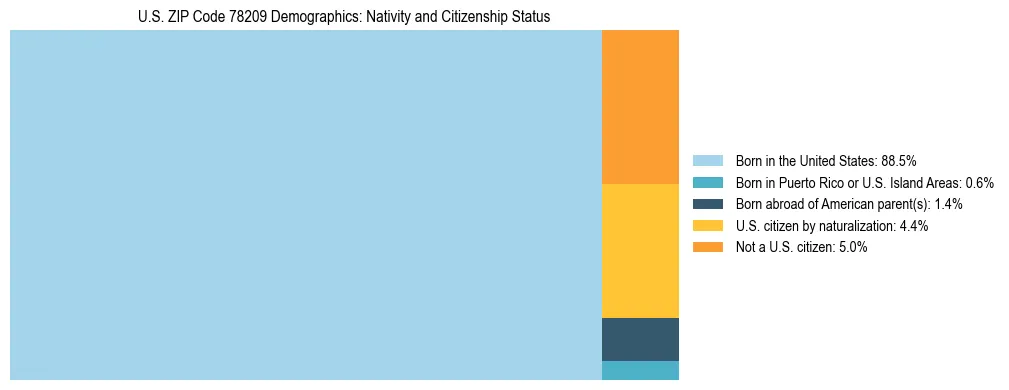Treemap showing the population distribution by nativity and citizenship status in US ZIP Code 78209 based on U.S. Census data.