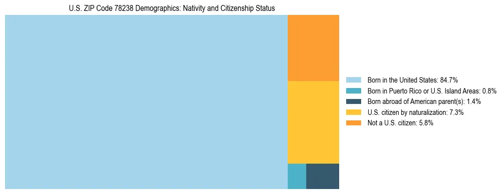 Treemap showing the population distribution by nativity and citizenship status in US ZIP Code 78238 based on U.S. Census data.
