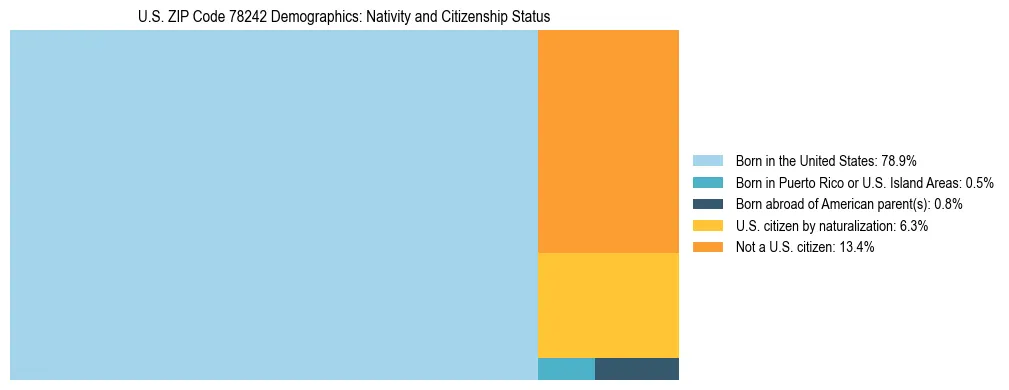 Treemap showing the population distribution by nativity and citizenship status in US ZIP Code 78242 based on U.S. Census data.