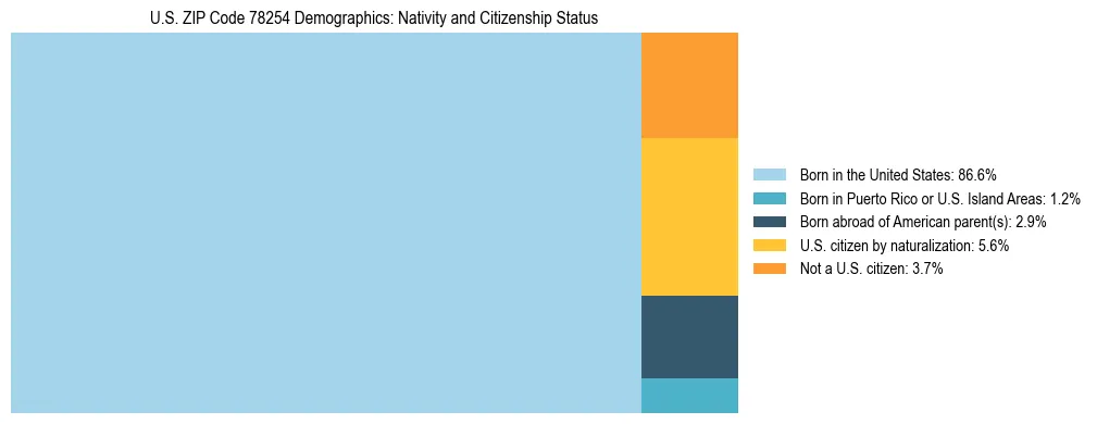 Treemap showing the population distribution by nativity and citizenship status in US ZIP Code 78254 based on U.S. Census data.