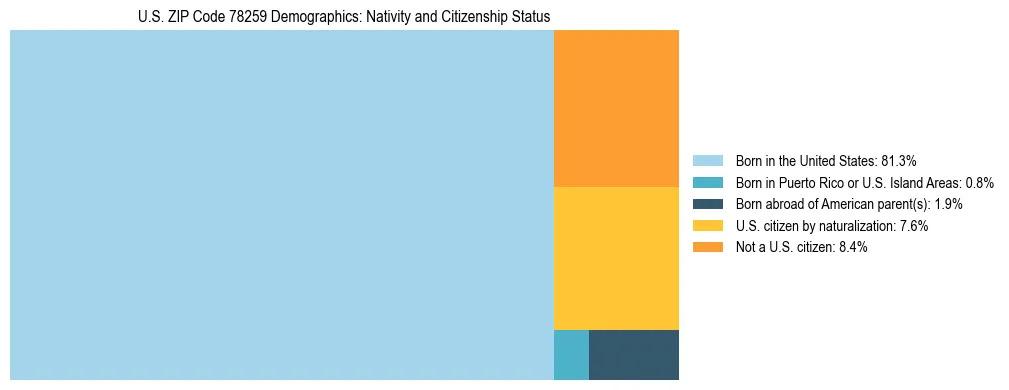 Treemap showing the population distribution by nativity and citizenship status in US ZIP Code 78259 based on U.S. Census data.