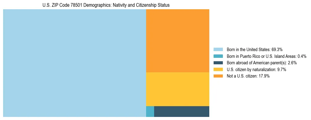 Treemap showing the population distribution by nativity and citizenship status in US ZIP Code 78501 based on U.S. Census data.