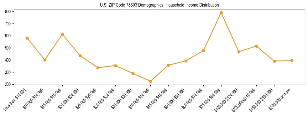 Horizontal bar chart showing household income distribution in US ZIP Code 78503.