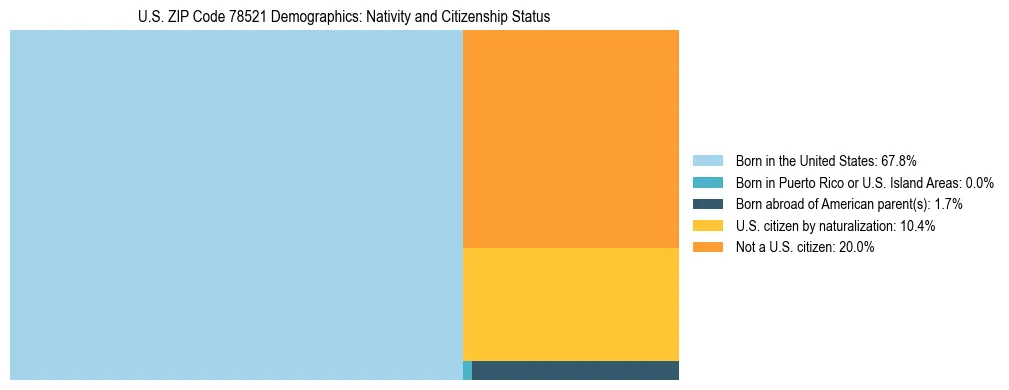 Treemap showing the population distribution by nativity and citizenship status in US ZIP Code 78521 based on U.S. Census data.