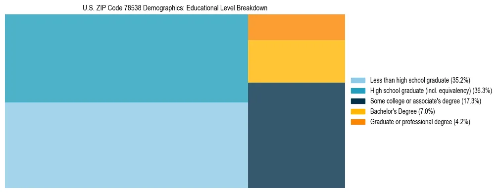 Treemap chart illustrating the educational attainment breakdown for population 25 years and over in US ZIP Code 78538.