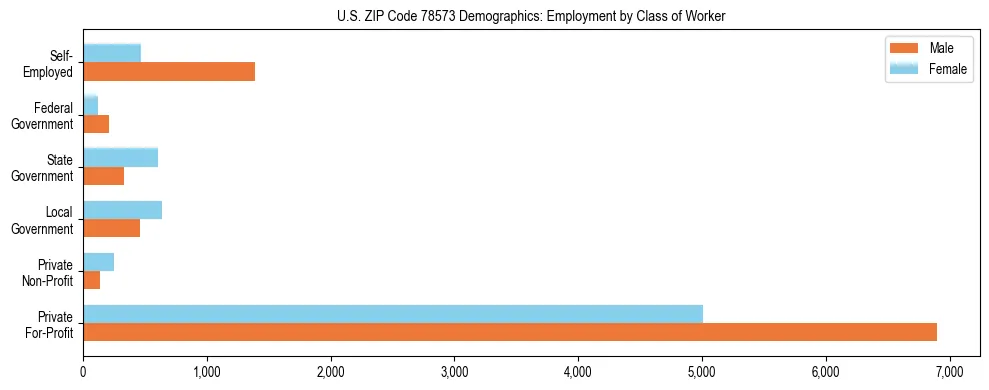 Horizontal bar chart showing employment distribution by class of worker and gender in US ZIP Code 78573, based on 2023 ACS data.