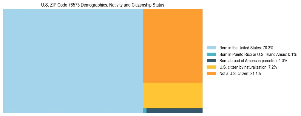 Treemap showing the population distribution by nativity and citizenship status in US ZIP Code 78573 based on U.S. Census data.