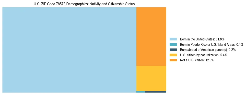 Treemap showing the population distribution by nativity and citizenship status in US ZIP Code 78578 based on U.S. Census data.