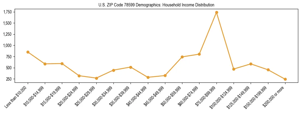 Horizontal bar chart showing household income distribution in US ZIP Code 78599.