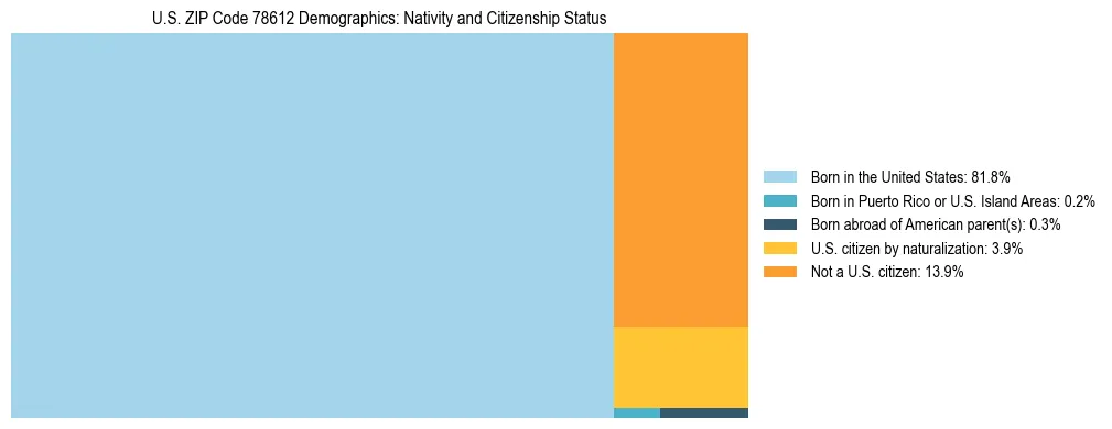 Treemap showing the population distribution by nativity and citizenship status in US ZIP Code 78612 based on U.S. Census data.