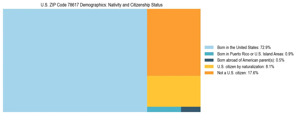 Treemap showing the population distribution by nativity and citizenship status in US ZIP Code 78617 based on U.S. Census data.