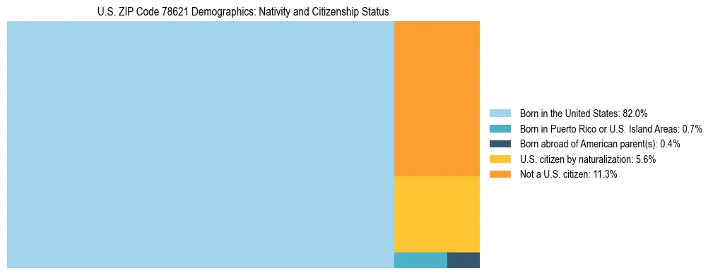 Treemap showing the population distribution by nativity and citizenship status in US ZIP Code 78621 based on U.S. Census data.