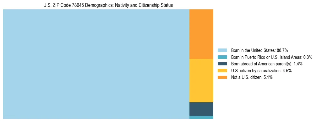 Treemap showing the population distribution by nativity and citizenship status in US ZIP Code 78645 based on U.S. Census data.