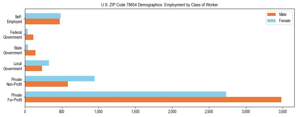 Horizontal bar chart showing employment distribution by class of worker and gender in US ZIP Code 78654, based on 2023 ACS data.