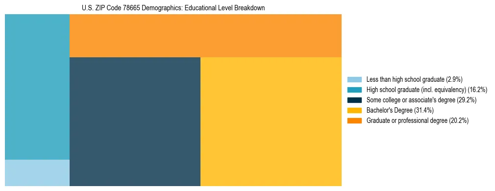 Treemap chart illustrating the educational attainment breakdown for population 25 years and over in US ZIP Code 78665.