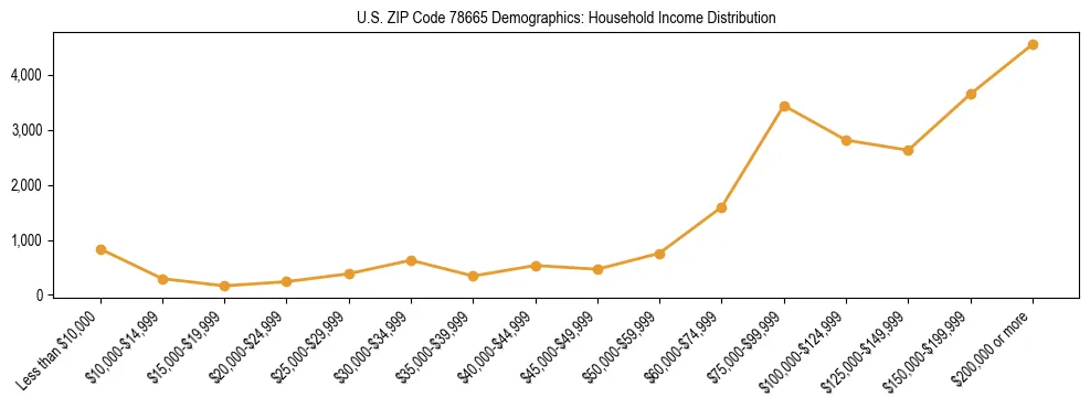 Horizontal bar chart showing household income distribution in US ZIP Code 78665.