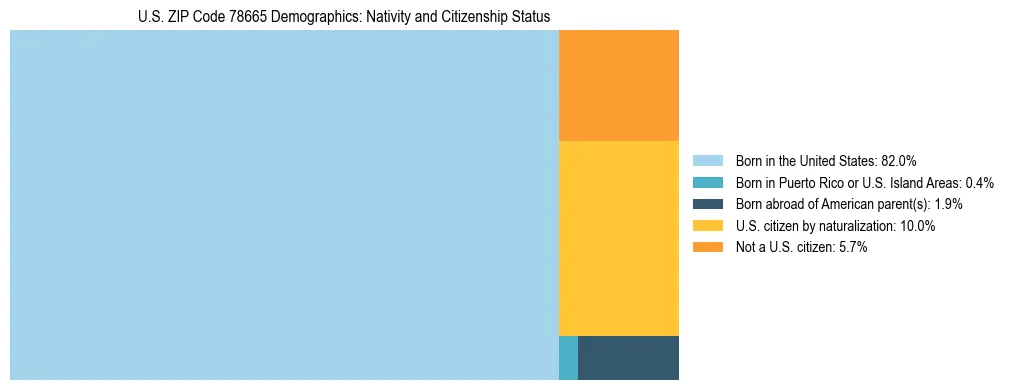 Treemap showing the population distribution by nativity and citizenship status in US ZIP Code 78665 based on U.S. Census data.