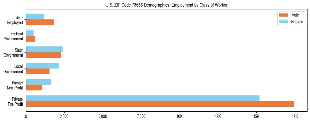 Horizontal bar chart showing employment distribution by class of worker and gender in US ZIP Code 78666, based on 2023 ACS data.