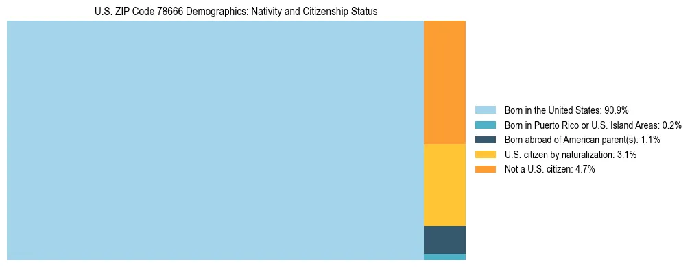 Treemap showing the population distribution by nativity and citizenship status in US ZIP Code 78666 based on U.S. Census data.